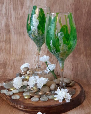 Verres à vin "Chic vert et nacré aux bordures dorées" ensemble de 2